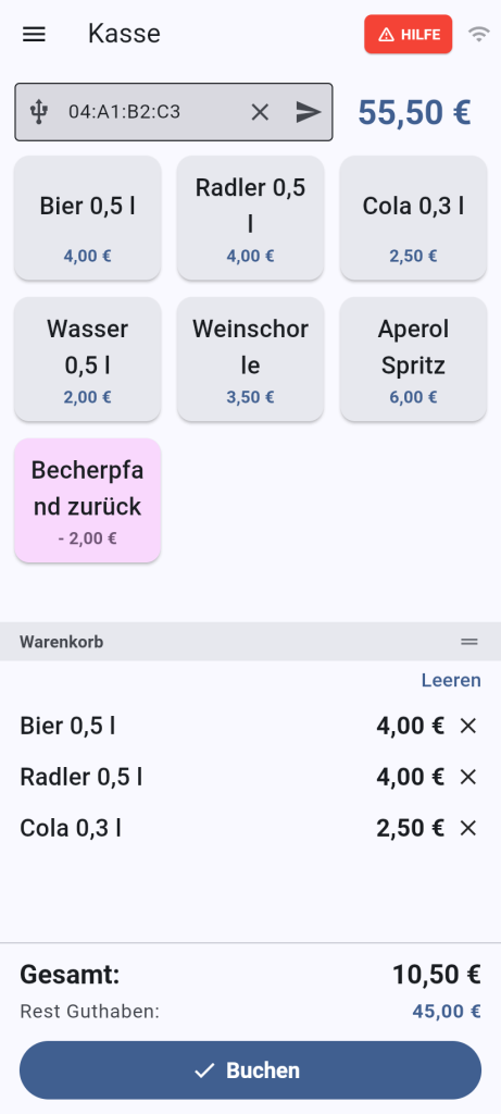Die NFC-Kasse auf einem Handy: Artikelkacheln, Warenkorb und Buchen-Knopf